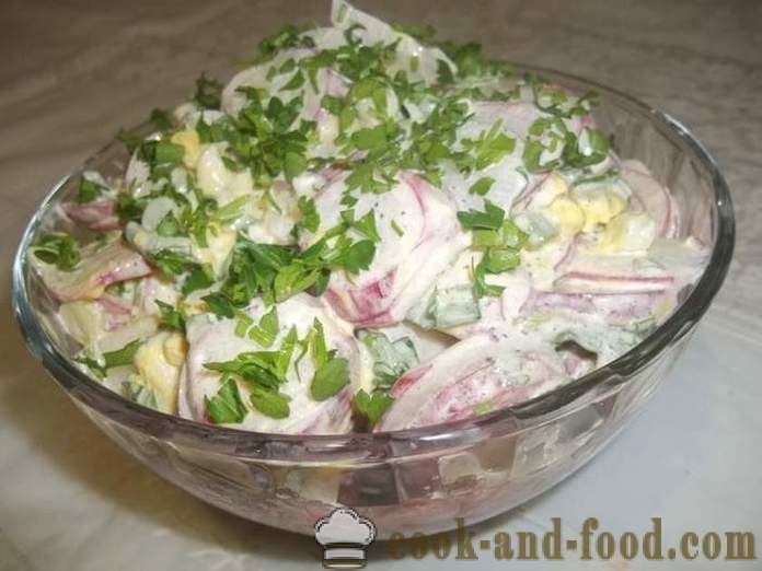 Salata delicioasa de ridiche cu ou si ceapa verde - cum să pregătească o salata de ridiche, un pas cu pas reteta fotografii