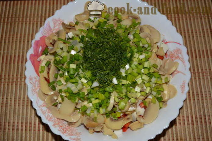 Salata cu calmar, ciuperci, castraveți și ardei - cum să pregătească o salata cu calmar și ciuperci, un pas cu pas reteta fotografii