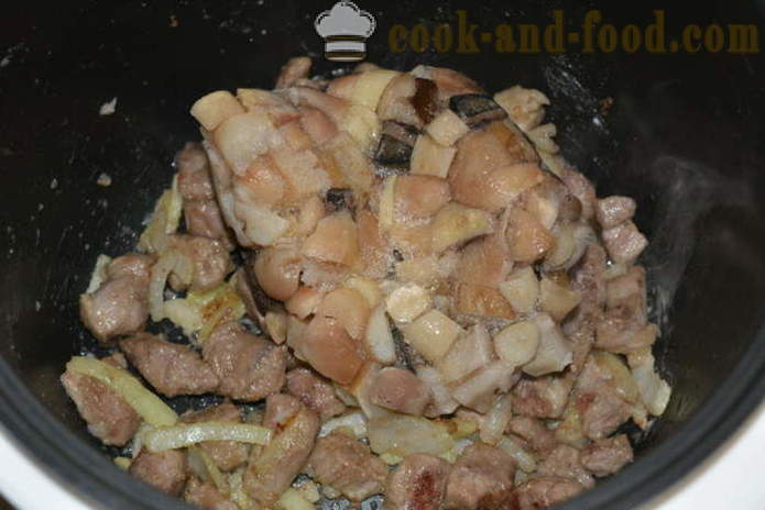 Carne de porc cu ciuperci în multivarka, cum ar fi gulaș - cum să gătească carne de porc cu ciuperci in multivarka, pas cu pas reteta fotografii