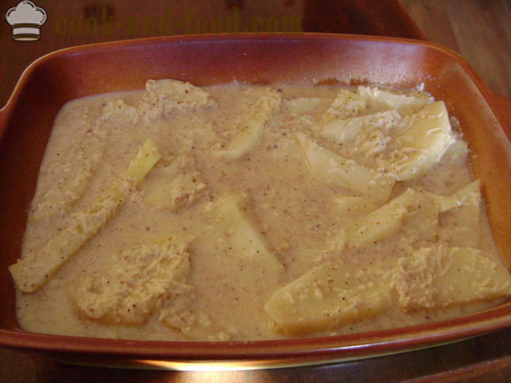 Cartofi la cuptor în sos de smântână - atât cartofi delicioase coaptă în cuptor cu crusta rumenita, cu un pas cu pas reteta fotografii