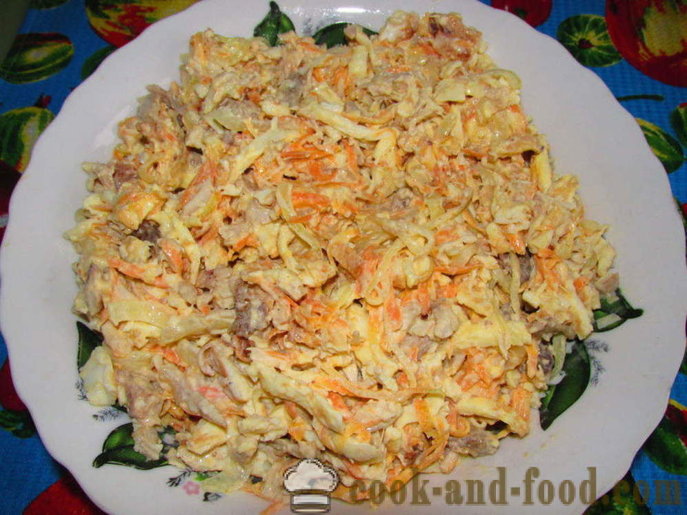 Salata cu ouă clătite și carne de pui - cum să pregătească o salata cu clatite, oua, pas cu pas reteta fotografii