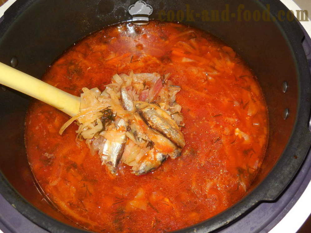 Supa de legume cu sardine în sos de tomate în multivarka - modul de a găti supă de legume cu anșoa, un pas cu pas reteta fotografii