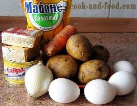 Salata Mimosa - rândul său, pe bază de rețetă clasic cu brânză, unt, alimente și cartofi conserve (foto, video)